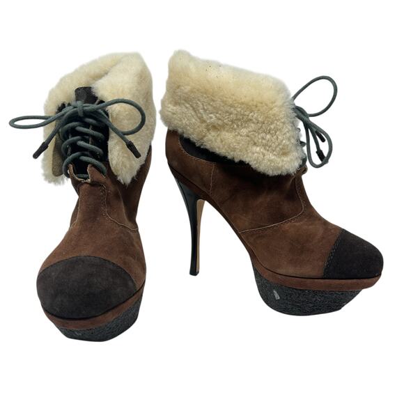 L.A.M.B‎ Pier Booties Suede Shearling Platform Boots High Heels Brown Size US 8 - Picture 5 of 14